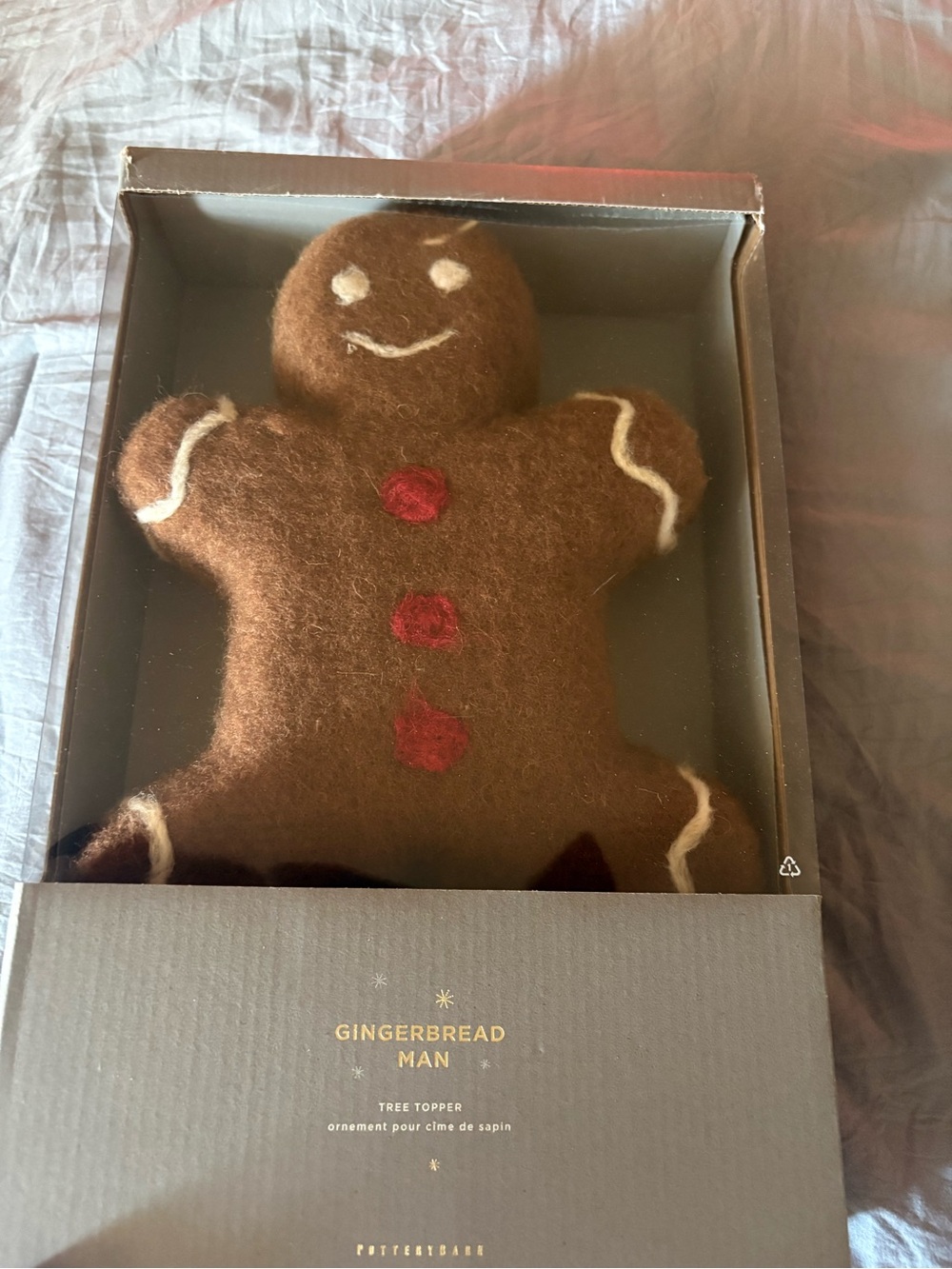 Pottery Barn Brown Gingerbread Man Felt Tree Topper with Red Accents
